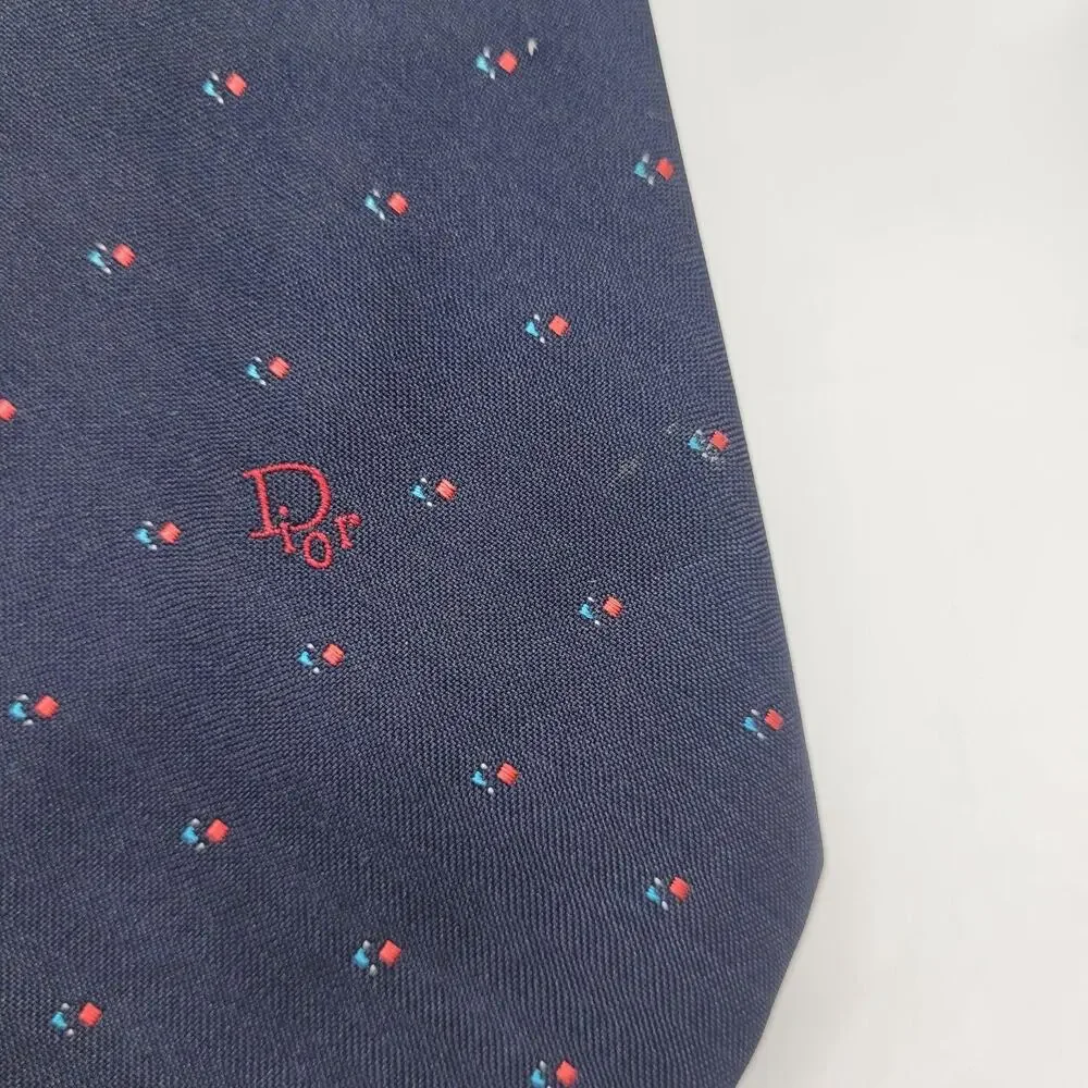 Christian Dior Tie Blue Geometric Silk Blend Logo Necktie USA Classic Designer